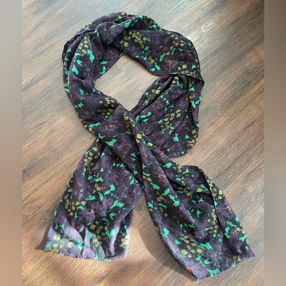 J. Crew 100% Wool Green Purple Floral Scarf 80”x24” EUC